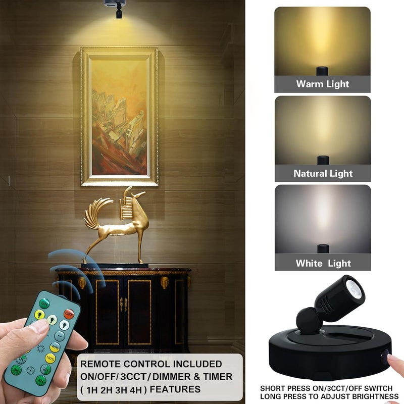HAMVIDNE Rechargeable LED Spotlight, 3 Lighting Modes Indoor Spotlights, Battery Powered Spot Lights with Remote, Up Light for Plants, Timer Dimmable Picture Light for Wall Artwork-Black - Image 2